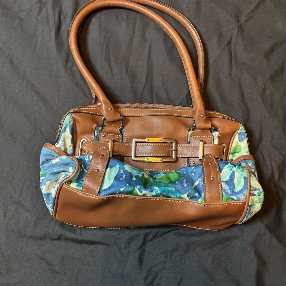Chaps Ralph Lauren barrel Satchel Handbag M Blue Floral Zip Handle Buckle preppy